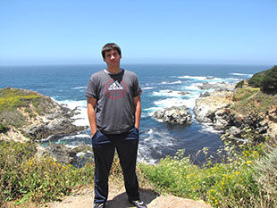 The image of the ocean side landscape and my son, along the route 1 road