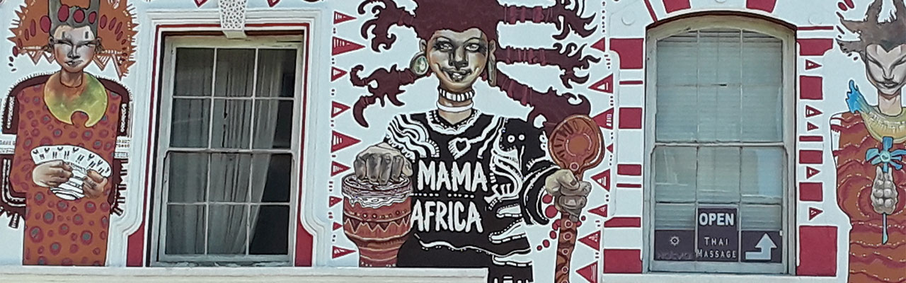 One of the old buildings in Cape Town with the sign Mama Africa